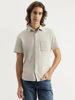 United Colors of Benetton - Relaxed Fit Spread Collar Textured Open Texture Off White Shirt