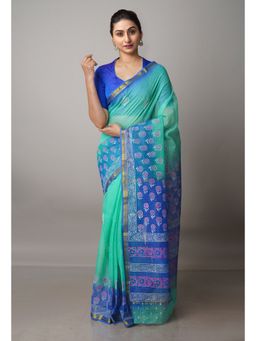 Unnati Silks - Green Pure Block Printed Kota Cotton Saree with Unstitched Blouse