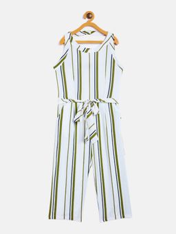 CRIMSOUNE CLUB - Girls Green Striped Round Neck Jumpsuit (Set of 2)