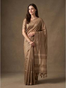 Kasee - Women's Gold Cotton Blend Woven Solid Saree