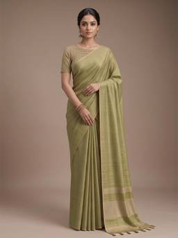 Kasee - Women's Green Cotton Blend Woven Solid Saree
