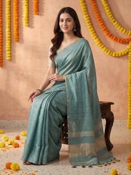 Kasee - Women's Teal Cotton Blend Woven Solid Saree