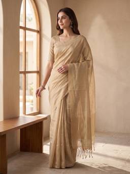 Kasee - Women's Gold Cotton Blend Woven Solid Tassel Border Saree