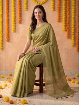 Kasee - Women's Green Cotton Blend Woven Solid Tassel Border Saree
