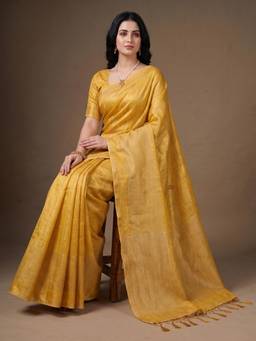 Kasee - Women's Yellow Cotton Blend Woven Solid Tassel Border Saree