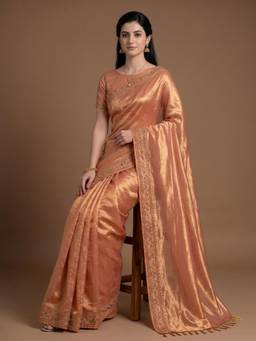 Kasee - Women's Peach Organza Woven Solid Tassel Border Saree