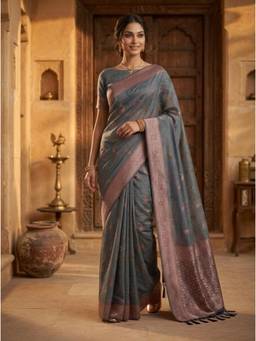 Kasee - Women's Blue Woven Paisley Cotton Blend Woven Border Saree