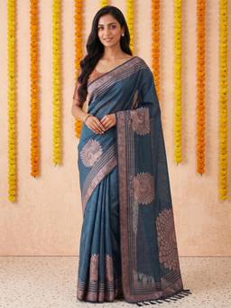 Kasee - Women's Teal Woven Floral Cotton Blend Woven Border Saree