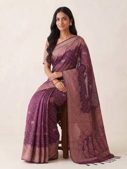 Kasee - Women's Wine Woven Floral Cotton Blend Woven Border Saree