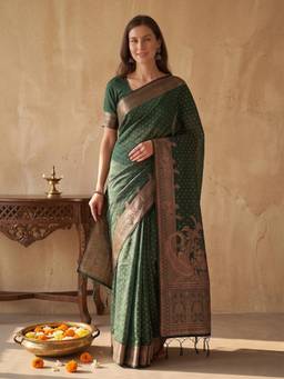 Kasee - Women's Green Woven Floral Cotton Blend Woven Border Saree