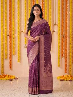 Kasee - Women's Wine Woven Floral Cotton Blend Woven Border Saree