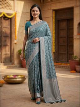 Kasee - Women's Teal Woven Floral Cotton Blend Woven Border Saree