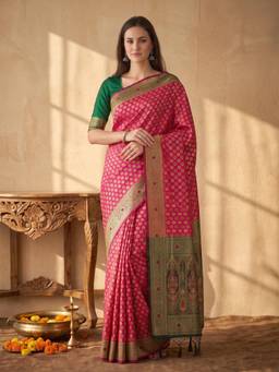 Kasee - Women's Pink Art Silk Woven Floral Saree
