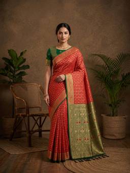 Kasee - Women's Red Woven Paisley Art Silk Rich Woven Border Saree