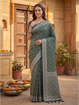 Kasee - Women's Green Woven Floral Cotton Blend Woven Border Saree