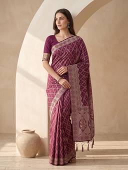 Kasee - Women's Wine Woven Floral Cotton Blend Woven Border Saree