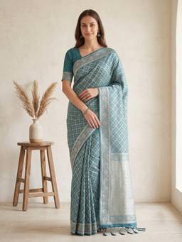 Kasee - Women's Blue Woven Floral Cotton Blend Woven Border Saree