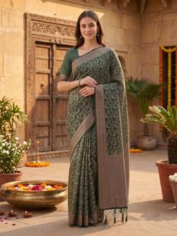 Kasee - Women's Green Woven Floral Cotton Blend Woven Border Saree
