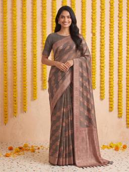 Kasee - Women's Brown Woven Floral Cotton Blend Woven Border Saree