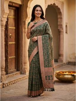 Kasee - Women's Green Woven Floral Cotton Blend Woven Border Saree