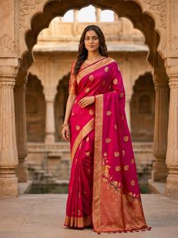 Kasee - Women's Pink Woven Floral Art Silk Zari Border Saree