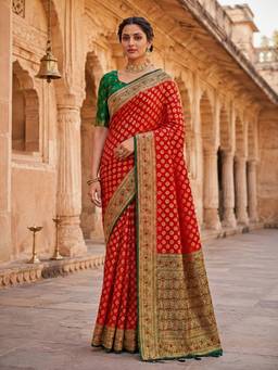 Kasee - Women's Red Woven Floral Art Silk Saree