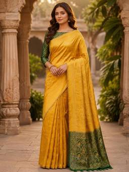 Kasee - Women's Yellow Woven Floral Art Silk Saree