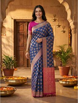 Kasee - Women's Blue Art Silk Woven Floral Banarasi Saree
