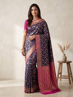 Kasee - Women's Navy Blue Art Silk Woven Floral Banarasi Saree