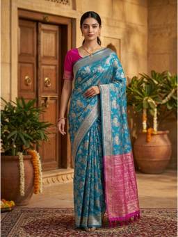 Kasee - Women's Blue Art Silk Woven Floral Banarasi Saree