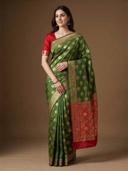 Kasee - Women's Olive Art Silk Woven Floral Banarasi Saree