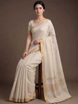Kasee - Women's Off White Cotton Woven Border Saree