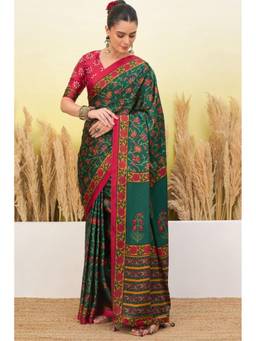 Mysilklove - Jungle Green Modal Satin Printed Silk Saree