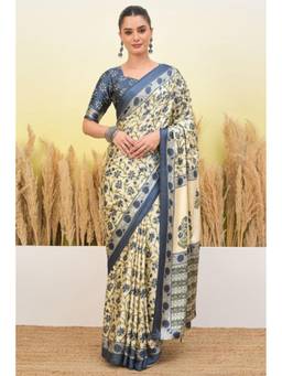 Mysilklove - Rice Cream Modal Satin Printed Silk Saree