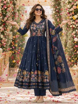 BERRYLICIOUS - Women Navy Blue Chanderi Floral Printed Anarkali Kurta with Pant and Dupatta