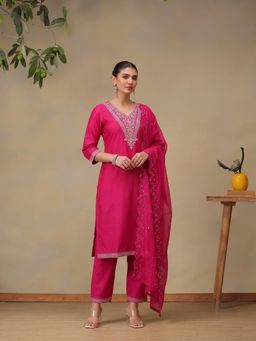 Bani Women - Pink Embroidered Straight Kurta with Pant and Dupatta