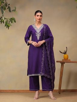 Bani Women - Purple Motifs Embroidered Kurta with Pant and Dupatta