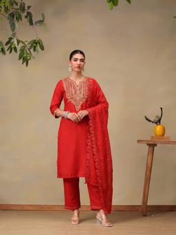 Bani Women - Women's Red Embroidered Kurta with Pant and Dupatta