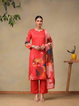 Bani Women - Women's Red Floral Printed Kurta with Pant and Dupatta
