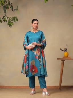 Bani Women - Women's Teal Floral Printed Kurta with Pant and Dupatta