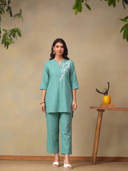 Bani Women - Green Notch Neck High Low Co-Ord Set