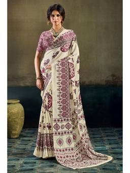 Mysilklove - Coconut Cream Modal Ajrakh Satin Printed Silk Saree