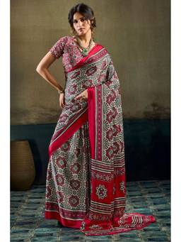 Mysilklove - Barn Red Modal Ajrakh Satin Printed Silk Saree