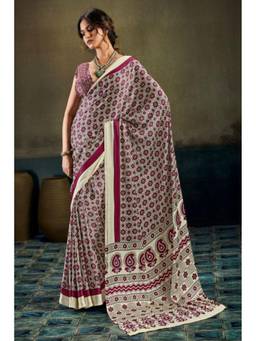 Mysilklove - Salt Cream Modal Ajrakh Satin Printed Silk Saree