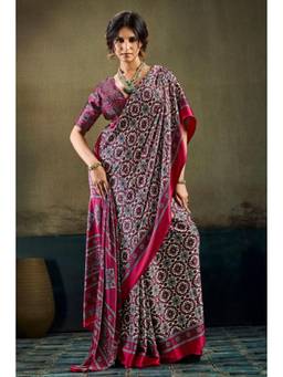 Mysilklove - Elegant Maroon Modal Ajrakh Satin Printed Silk Saree