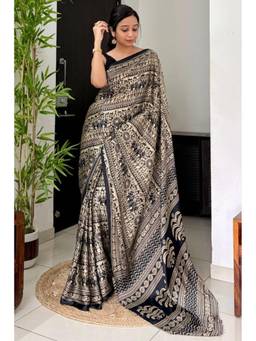 Mysilklove - Black Cat Modal Satin Kalamkari Printed Saree