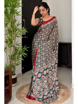 Mysilklove - Green Ajrakh Printed Satin Silk Saree