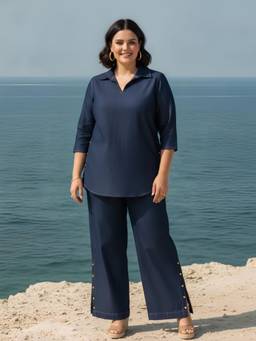 Dora Dori - Navy Blue Plus Size Button Detailing Collared Co-Ord Set