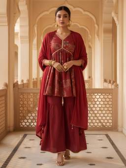 Dora Dori - Maroon Floral Shimmer Kurta with Sharara and Dupatta