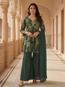 Dora Dori - Green Floral Shimmer Kurta with Sharara and Dupatta